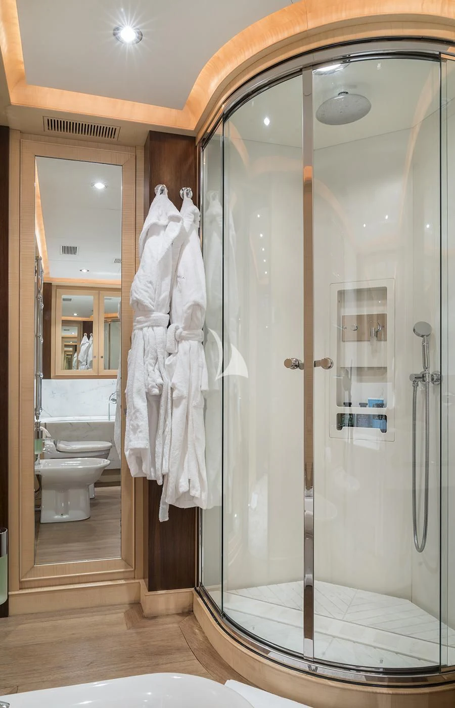 a bathroom with a glass shower aboard VICTORIA A Yacht for Charter