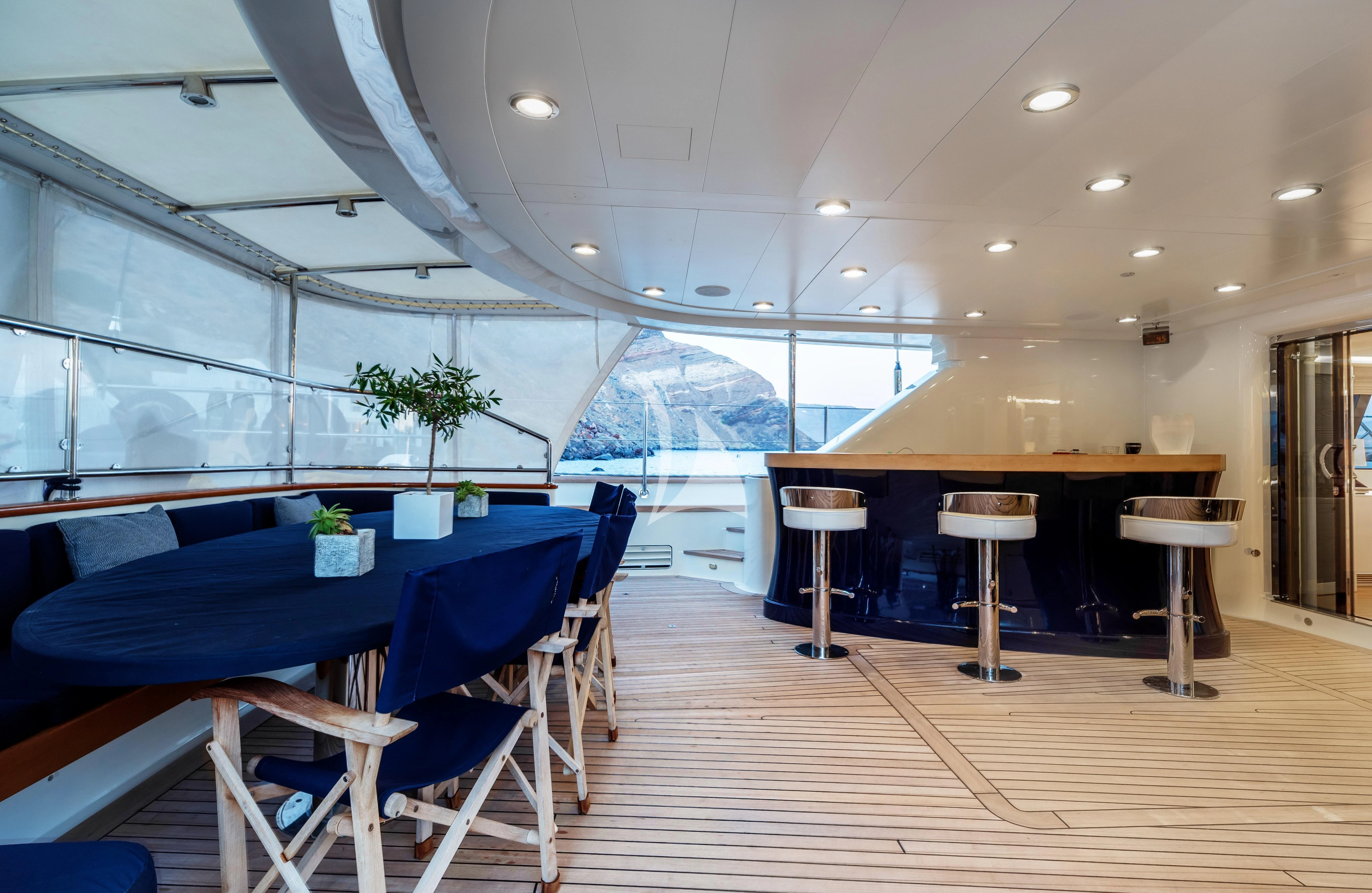 a room with tables and chairs aboard VICTORIA A Yacht for Charter