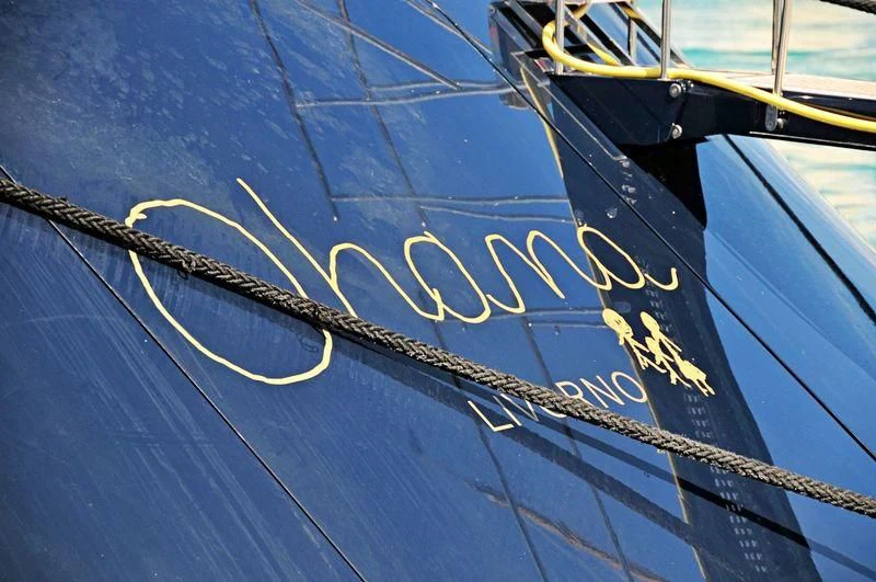 a boat with a word on it aboard VICTORIA A Yacht for Charter