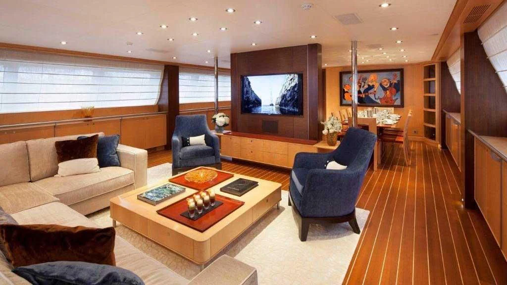 a living room with a large screen aboard VICTORIA A Yacht for Charter