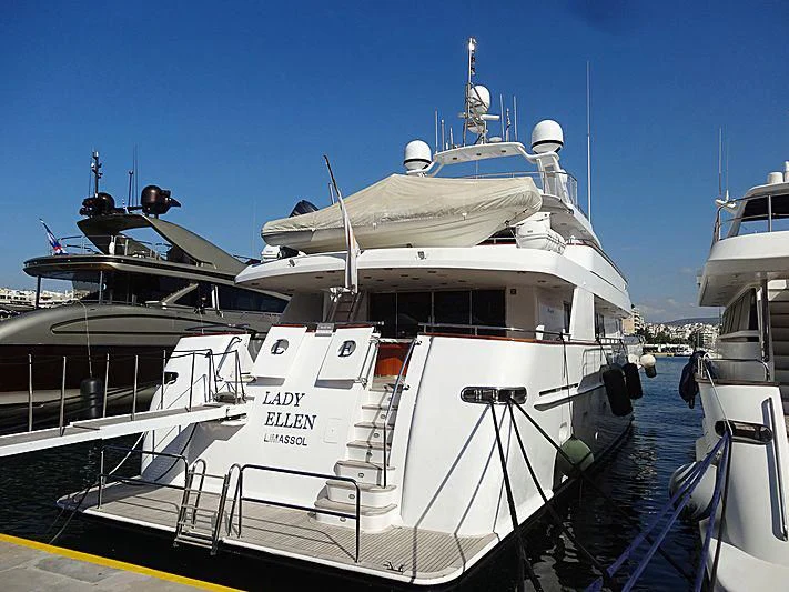 a large white boat docked aboard IDYLLE Yacht for Sale