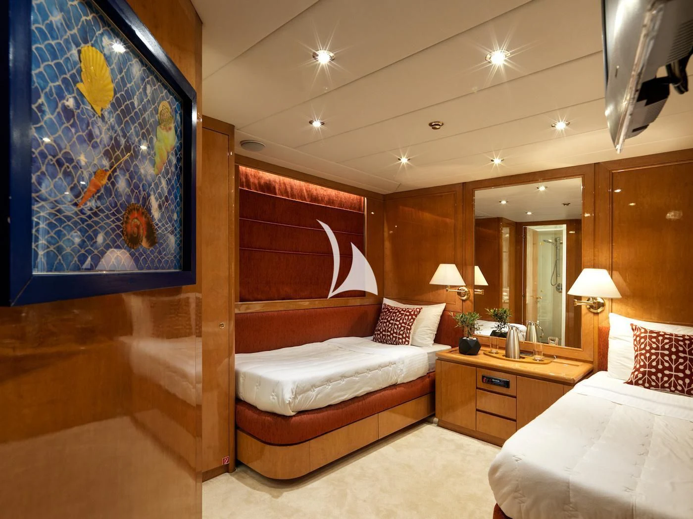 a room with two beds aboard IDYLLE Yacht for Sale