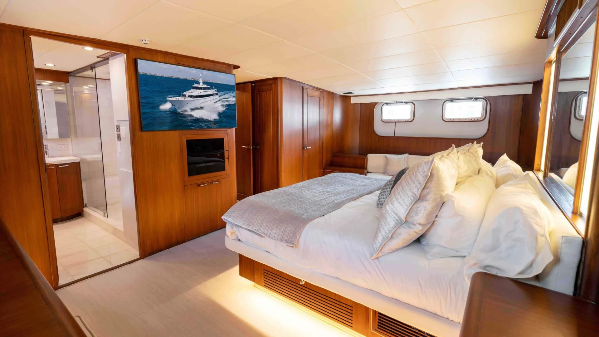 a bed in a room aboard ARIES Yacht for Sale