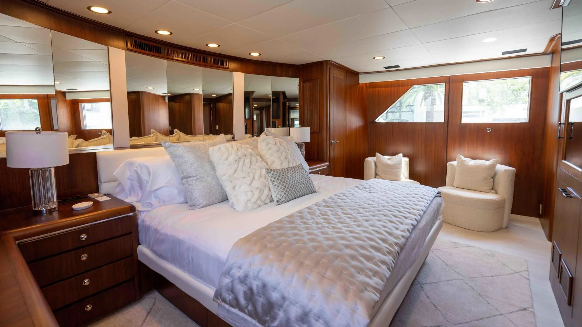 a large bed in a room aboard ARIES Yacht for Sale