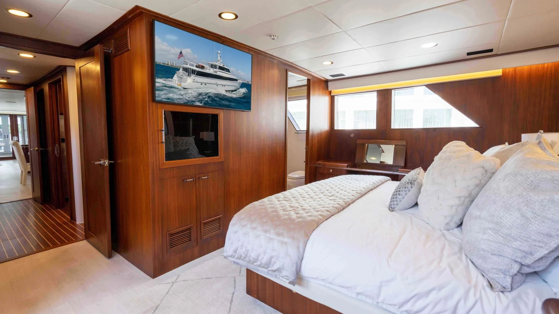a bed in a room aboard ARIES Yacht for Sale