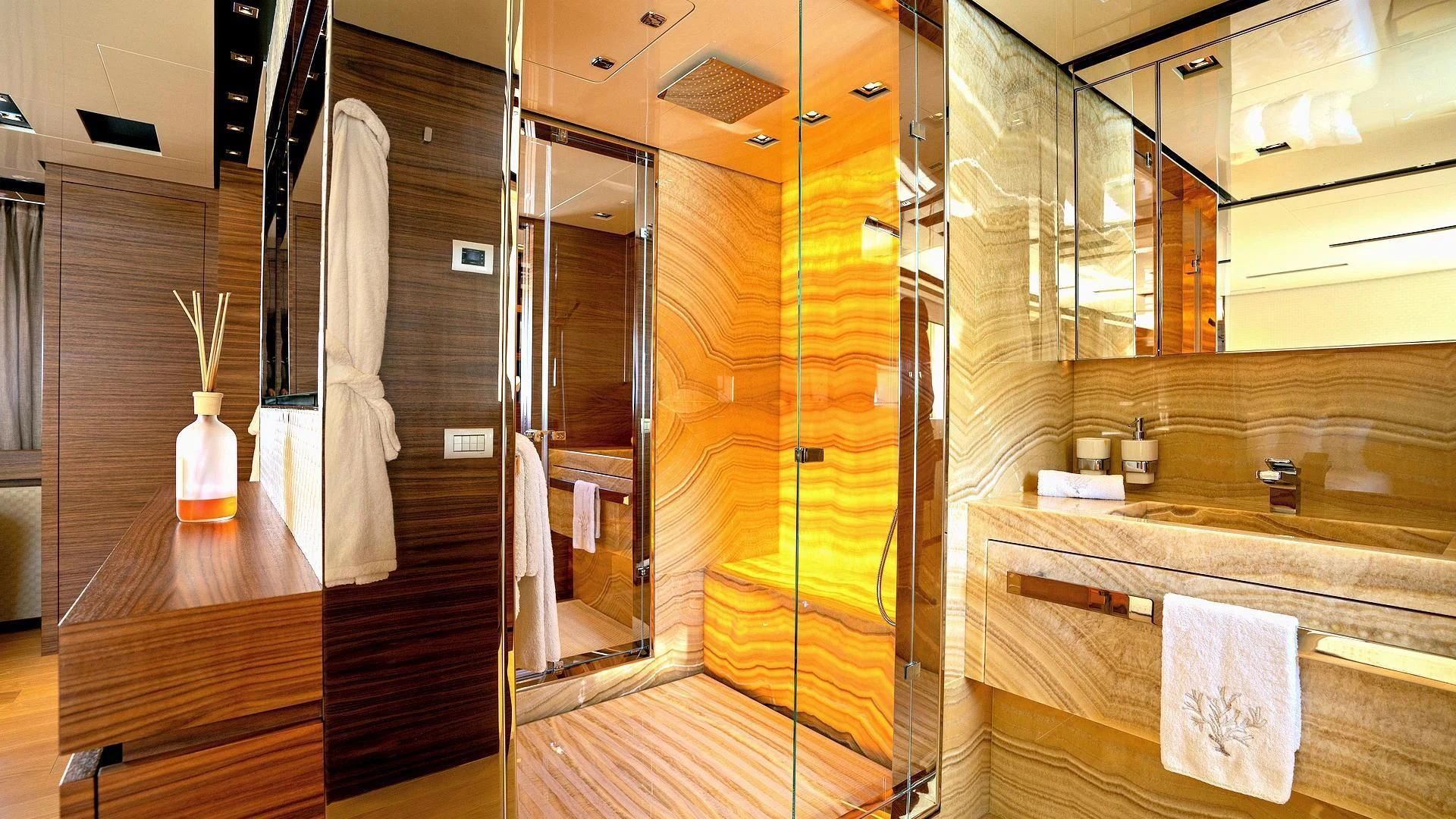 a bathroom with a shower unit aboard SUPERNOVA Yacht for Sale