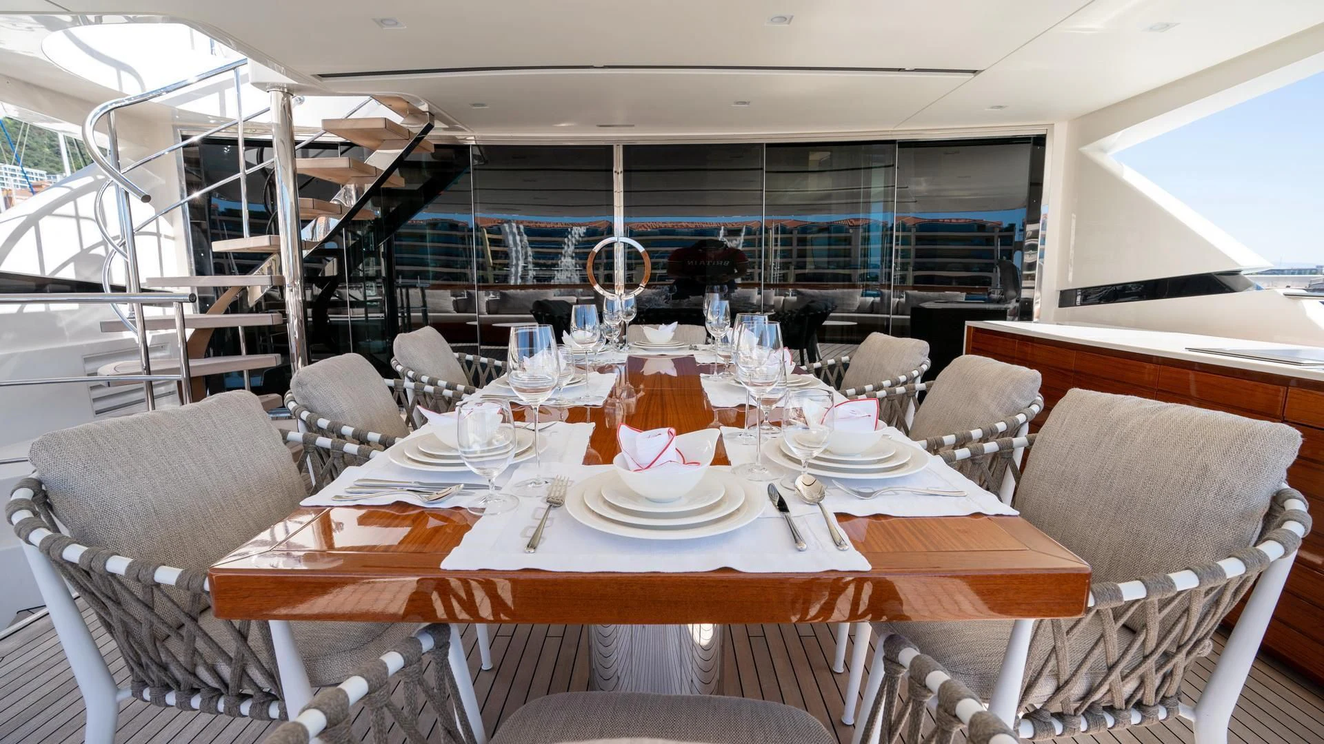 a table set for a dinner aboard SUPERNOVA Yacht for Sale