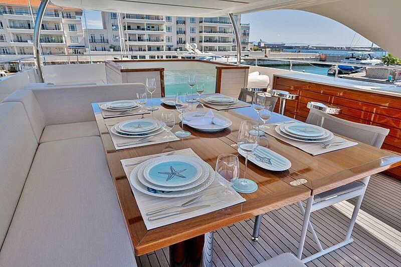 a table with plates and plates on it aboard SUPERNOVA Yacht for Sale