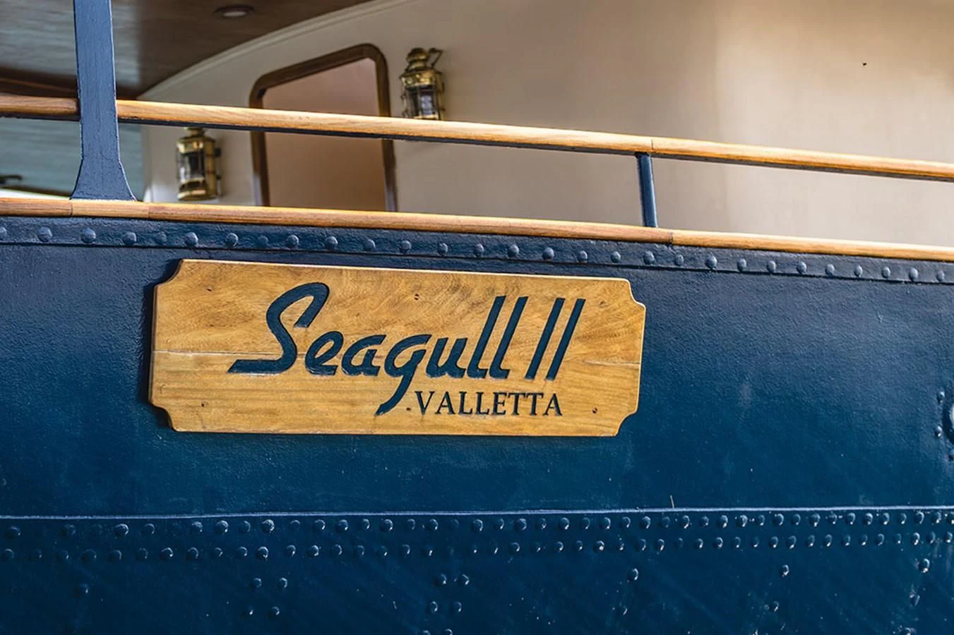 a sign on a blue surface aboard SEAGULL II Yacht for Sale