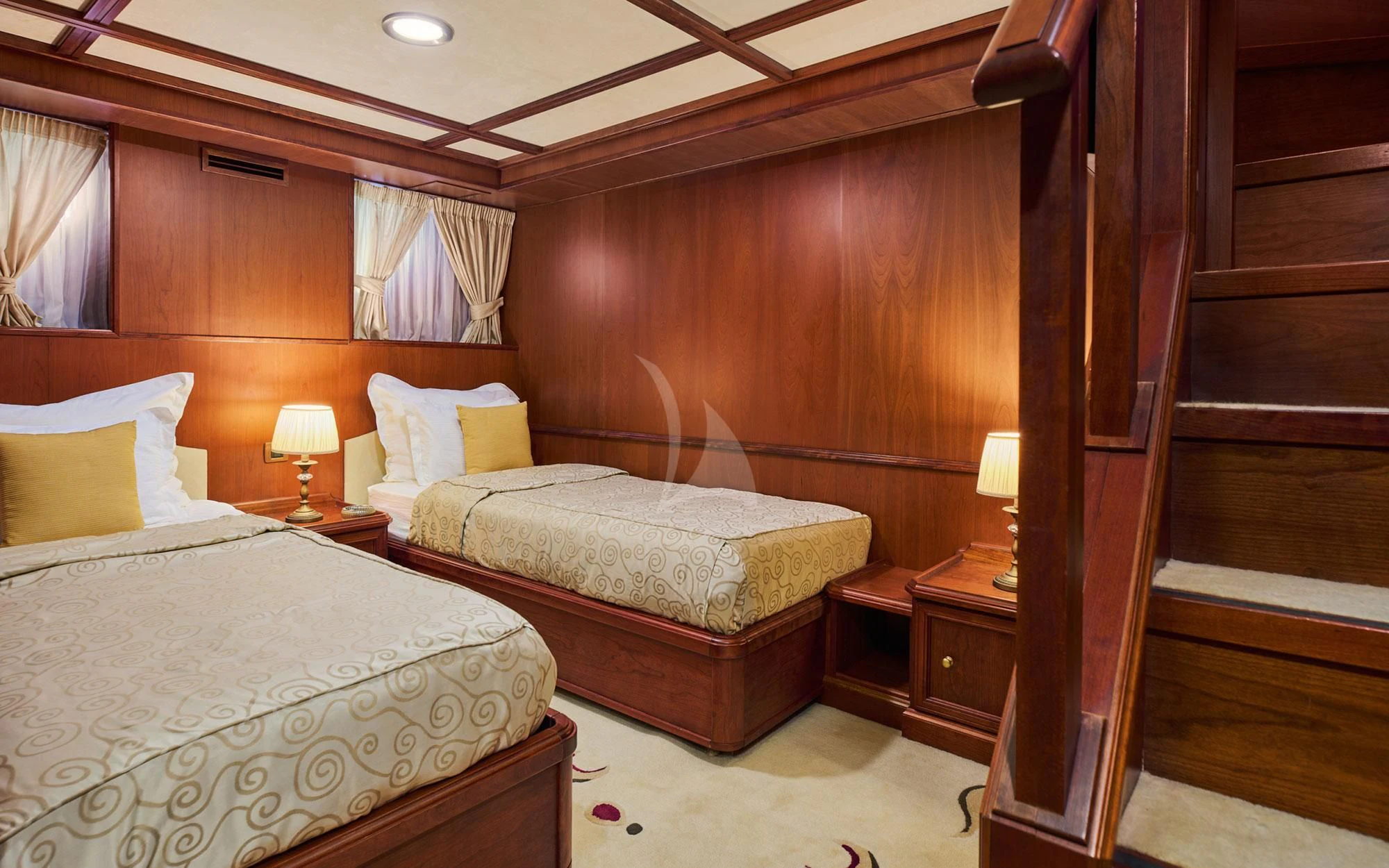 a couple of beds in a hotel room aboard SEAGULL II Yacht for Sale