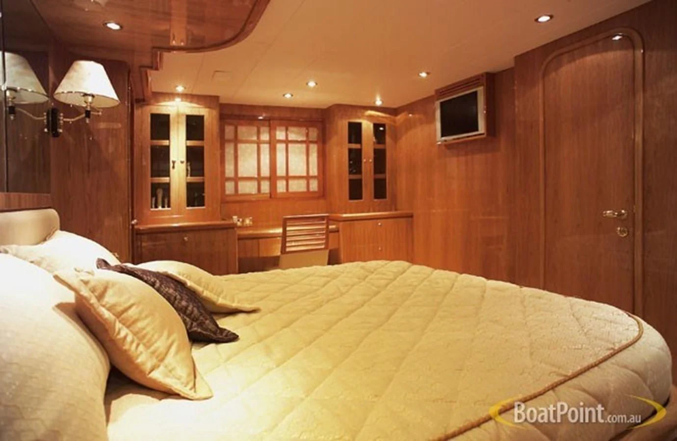 a bed in a room aboard SALT II Yacht for Sale