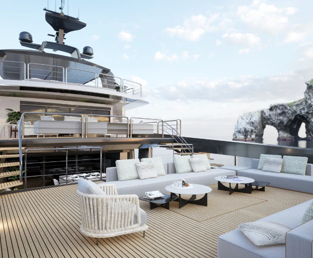 a deck with a large body of water and a large boat in the background aboard ANTONINI NAVI SUY 135 Yacht for Sale