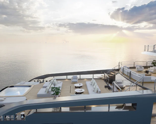 a deck with a table and chairs on it aboard ANTONINI NAVI SUY 135 Yacht for Sale