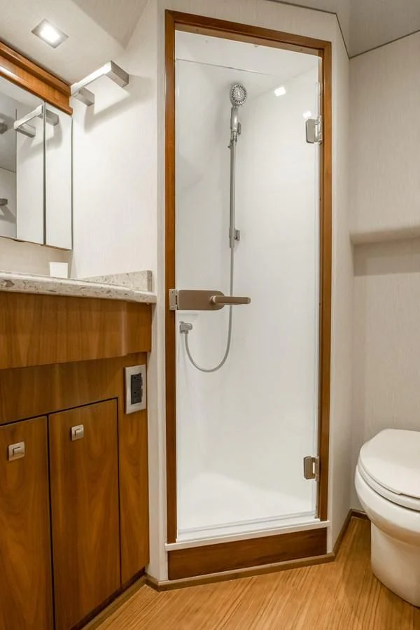 a shower unit in a bathroom aboard TEUSEAS Yacht for Sale