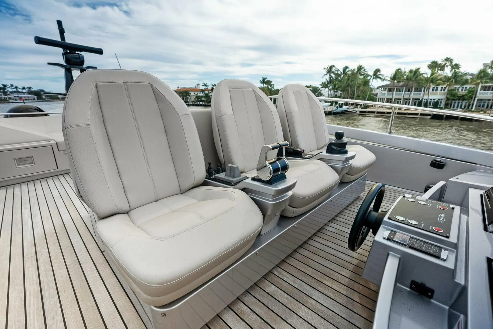a deck with chairs and a satellite dish on it aboard OUR TRADE Yacht for Sale