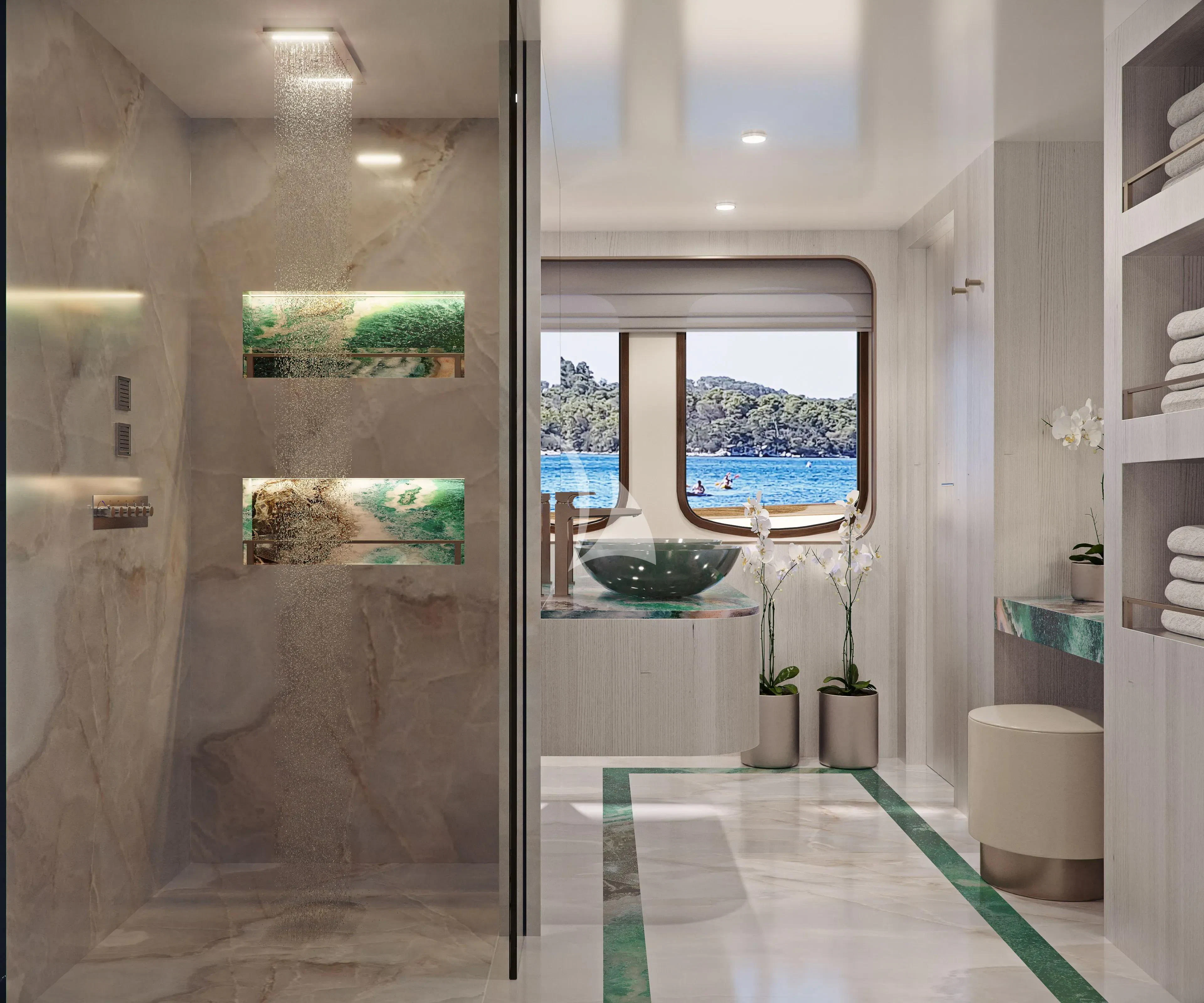 a bathroom with a glass shower aboard MAIA Yacht for Sale