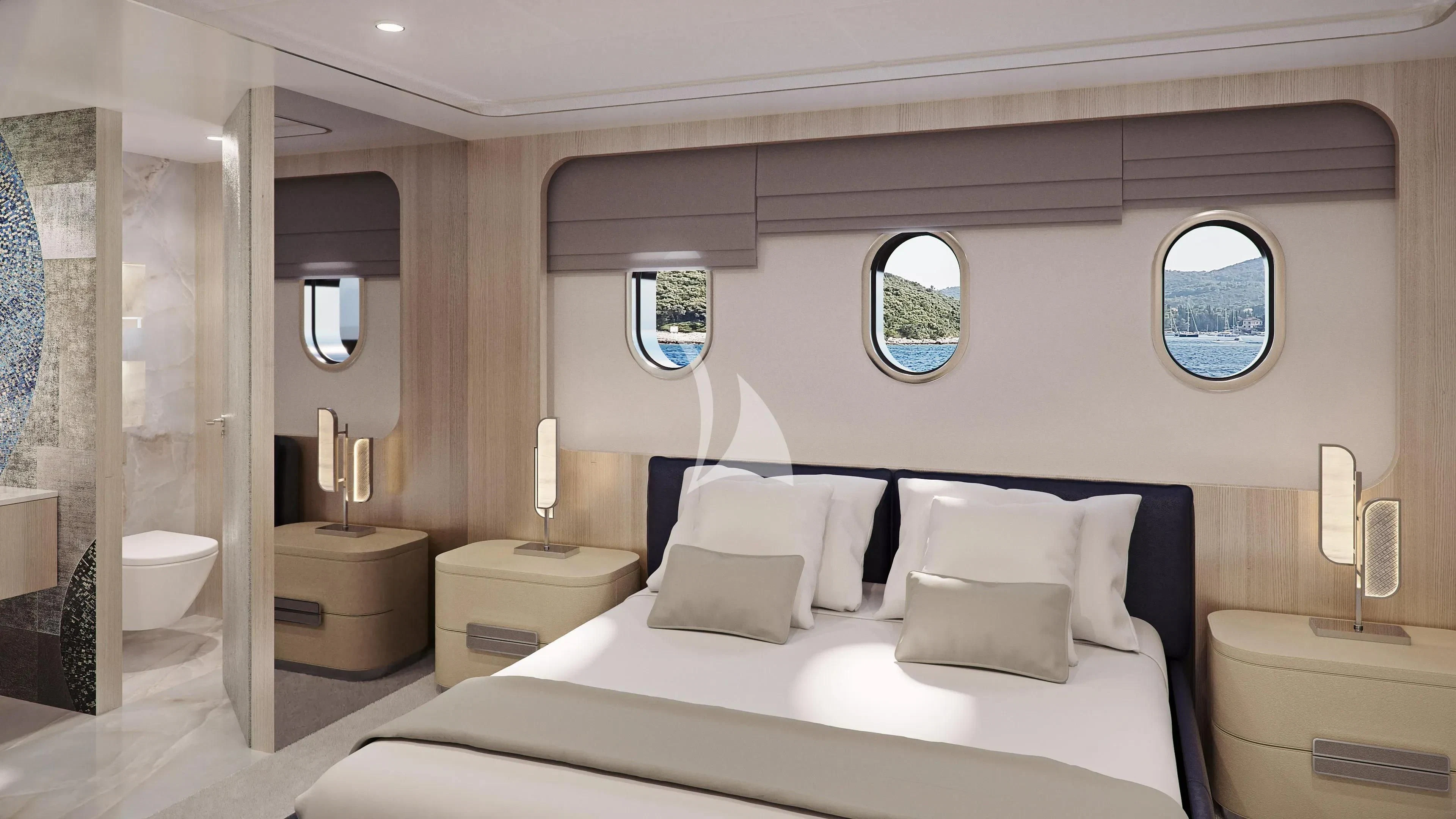 a room with a bed and a mirror aboard MAIA Yacht for Sale