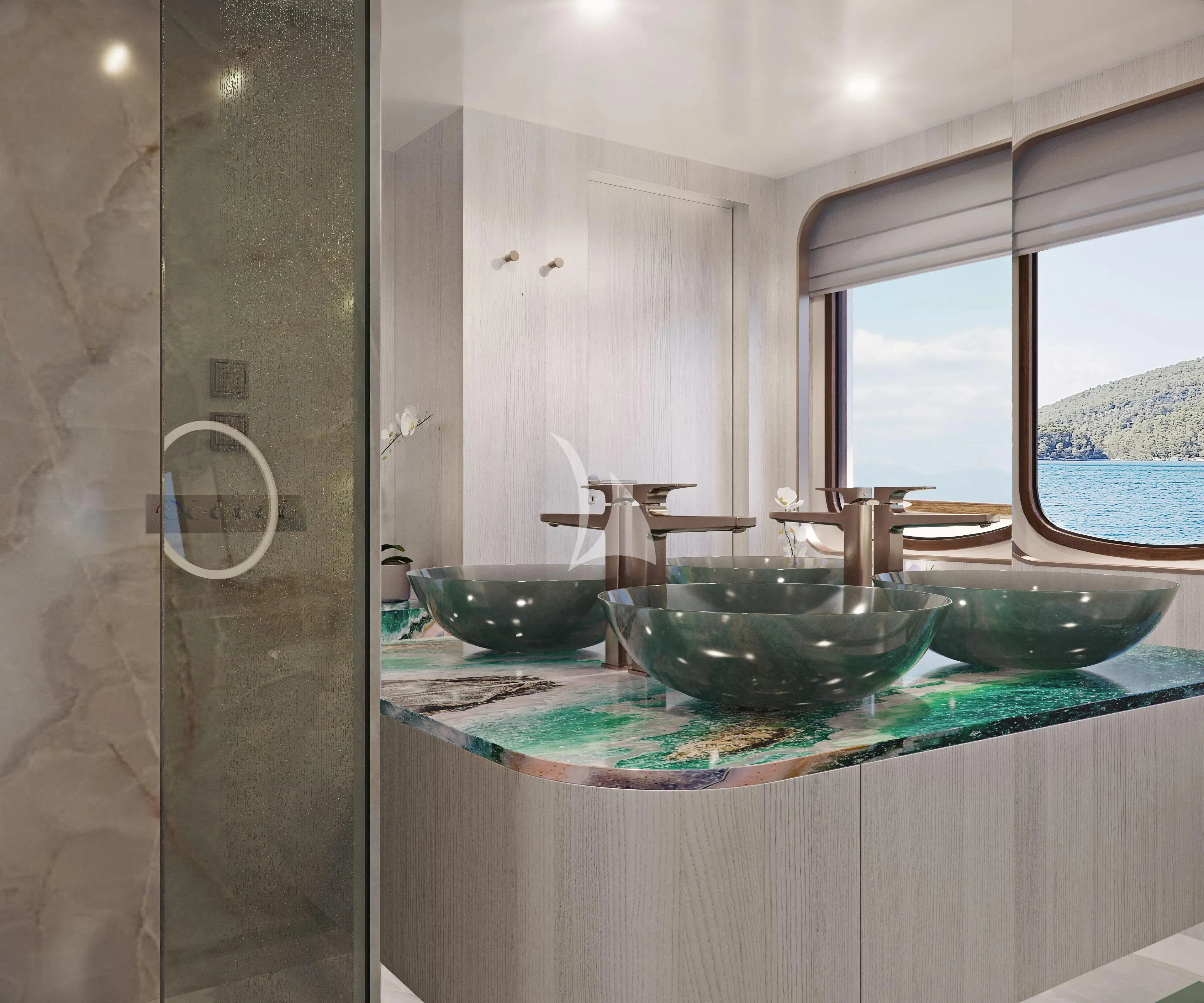 a kitchen with bowls and sinks aboard MAIA Yacht for Sale