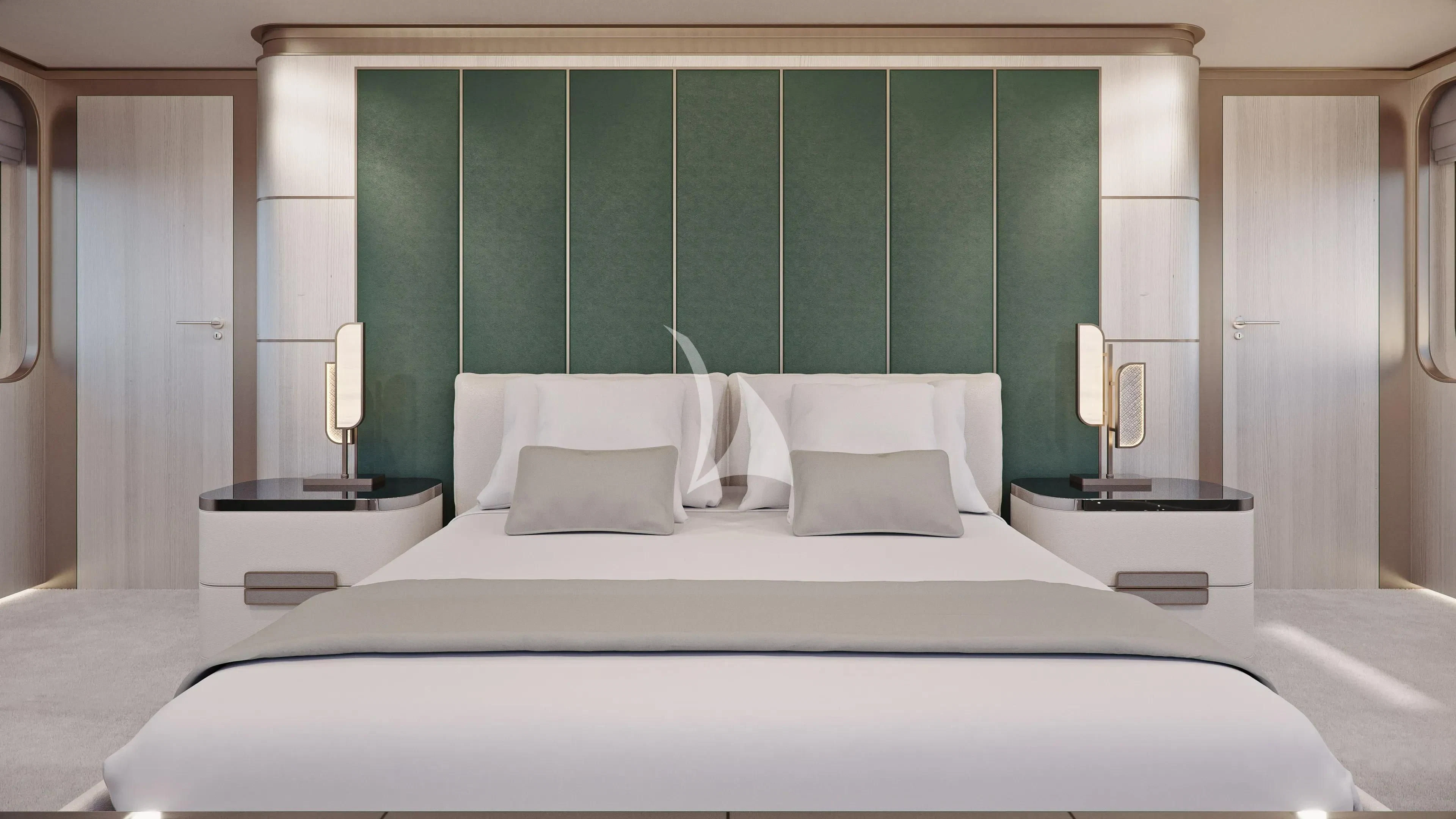 a bed with white sheets aboard MAIA Yacht for Sale