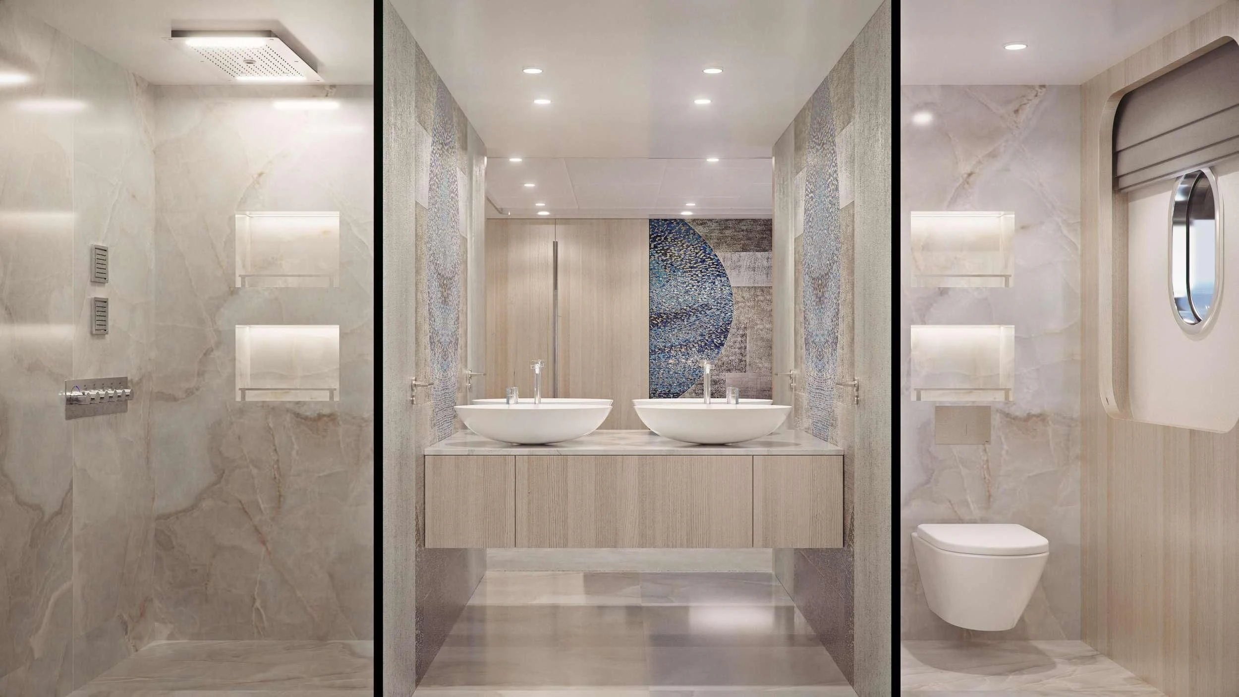 a bathroom with a large mirror aboard MAIA Yacht for Sale