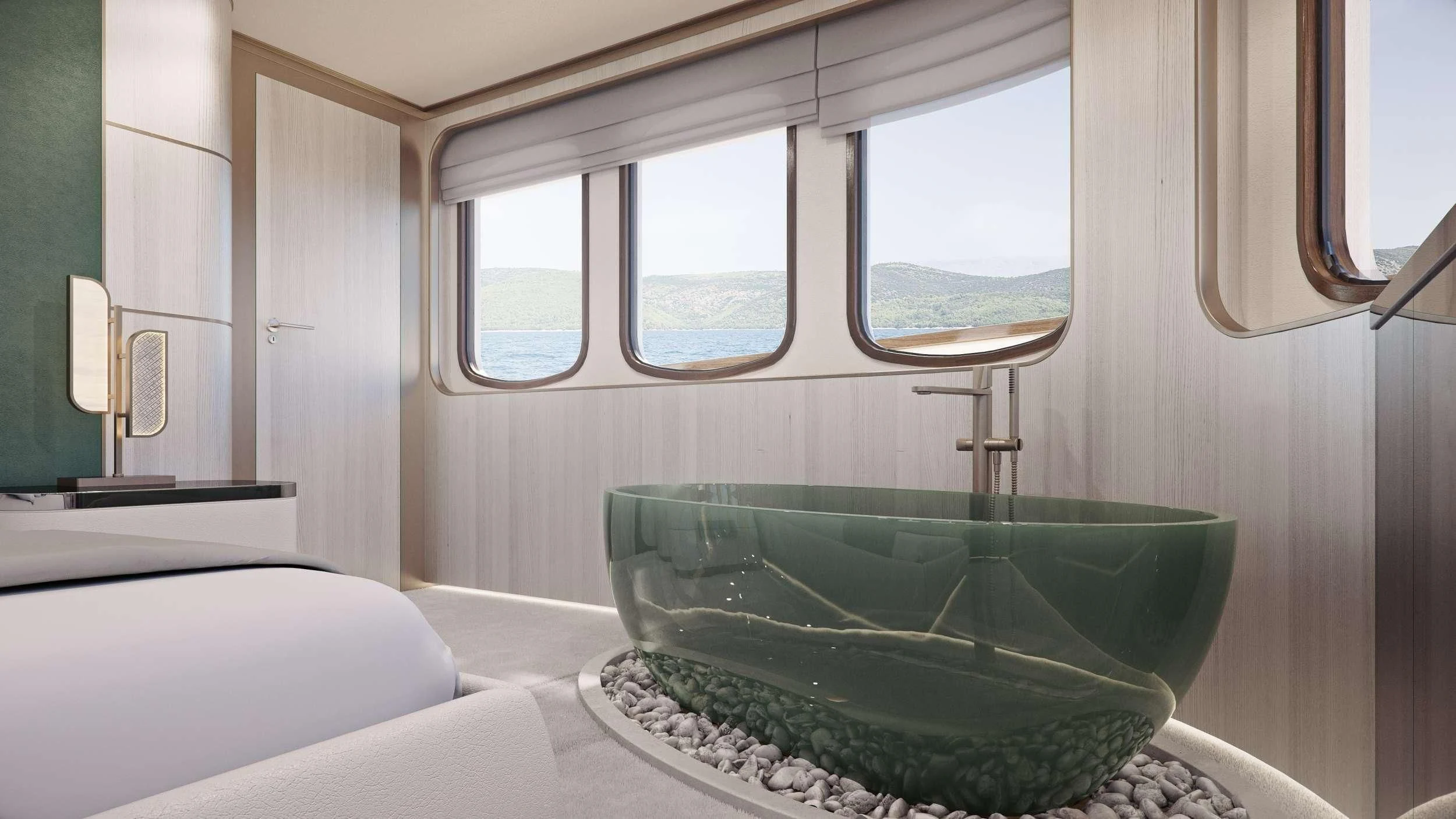 a bathtub in a train aboard MAIA Yacht for Sale