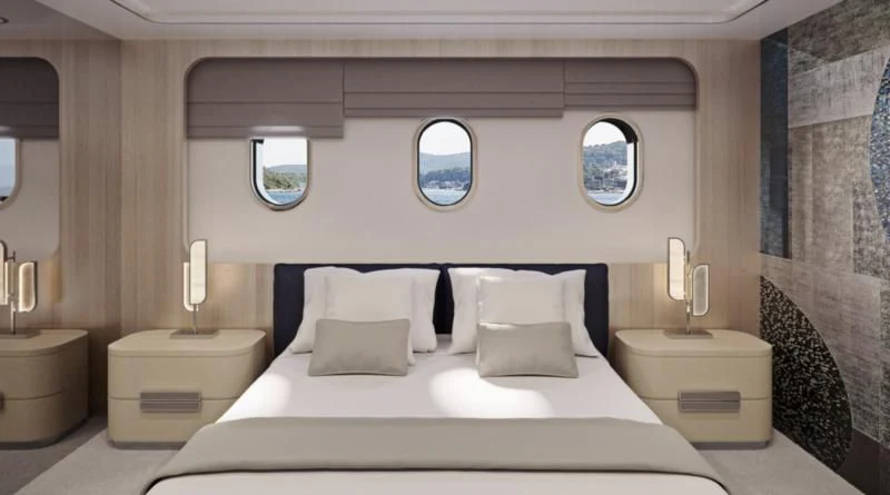 a modern looking hotel room aboard MAIA Yacht for Sale