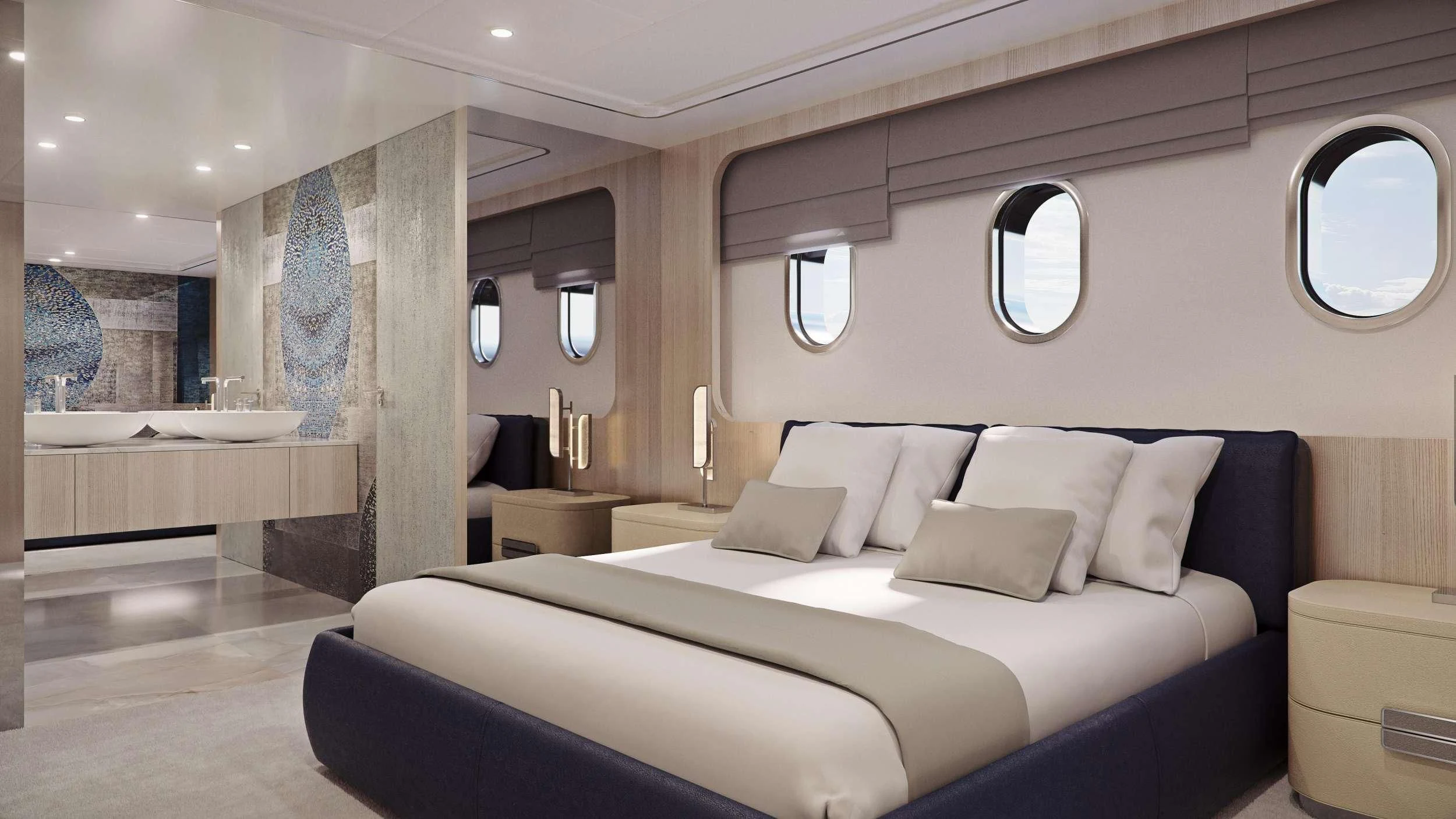 a large bed in a room aboard MAIA Yacht for Sale