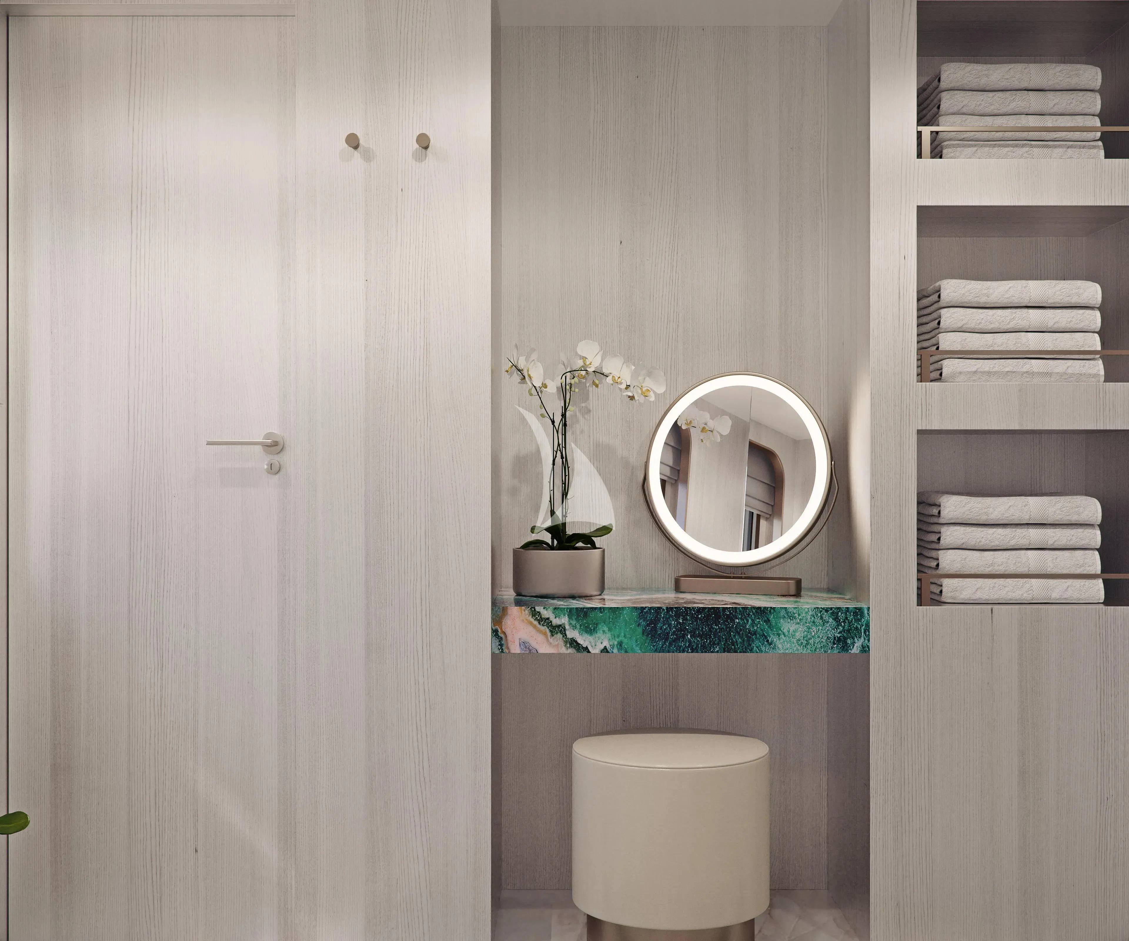 a white bathroom with a mirror aboard MAIA Yacht for Sale