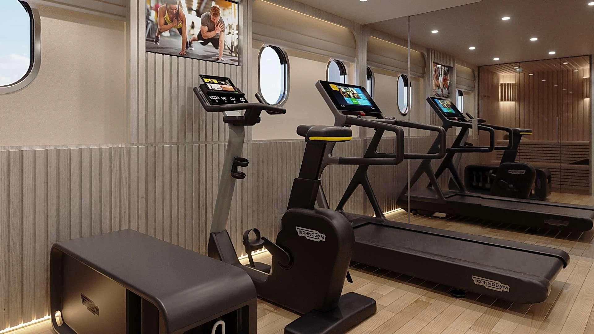 a treadmill in a room aboard MAIA Yacht for Sale