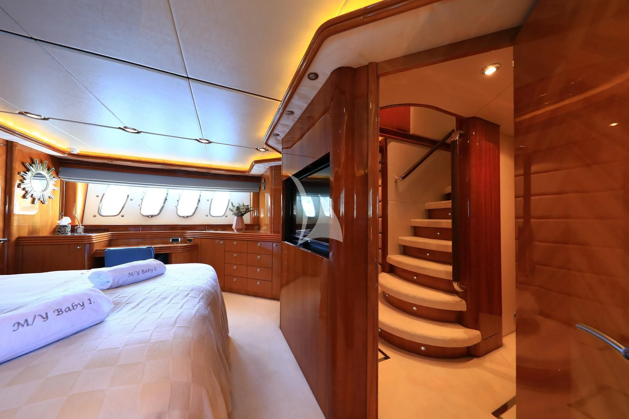 a room with a bed and a staircase aboard BABY I Yacht for Sale