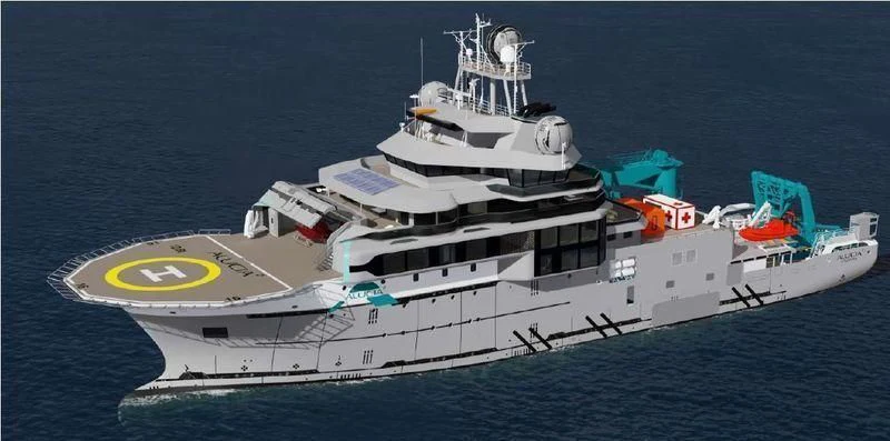 a large ship in the water aboard OCEANXPLORER 1 Yacht for Sale