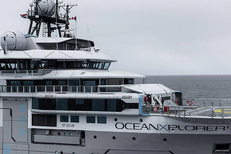 a large white boat with a deck aboard OCEANXPLORER 1 Yacht for Sale