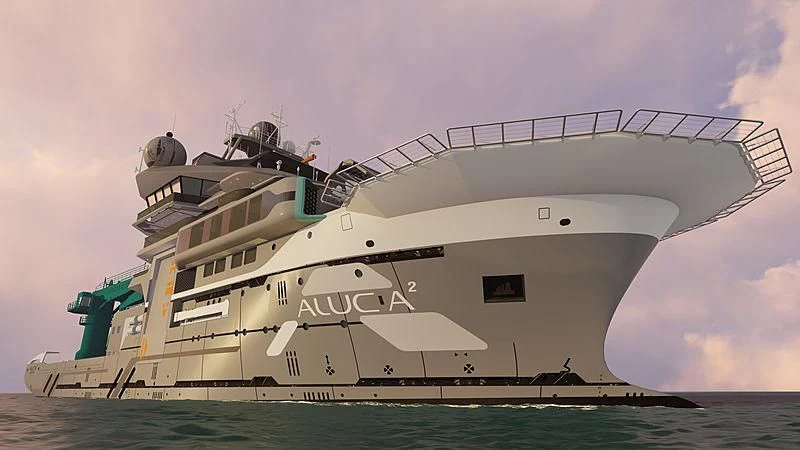 a large ship in the water aboard OCEANXPLORER 1 Yacht for Sale
