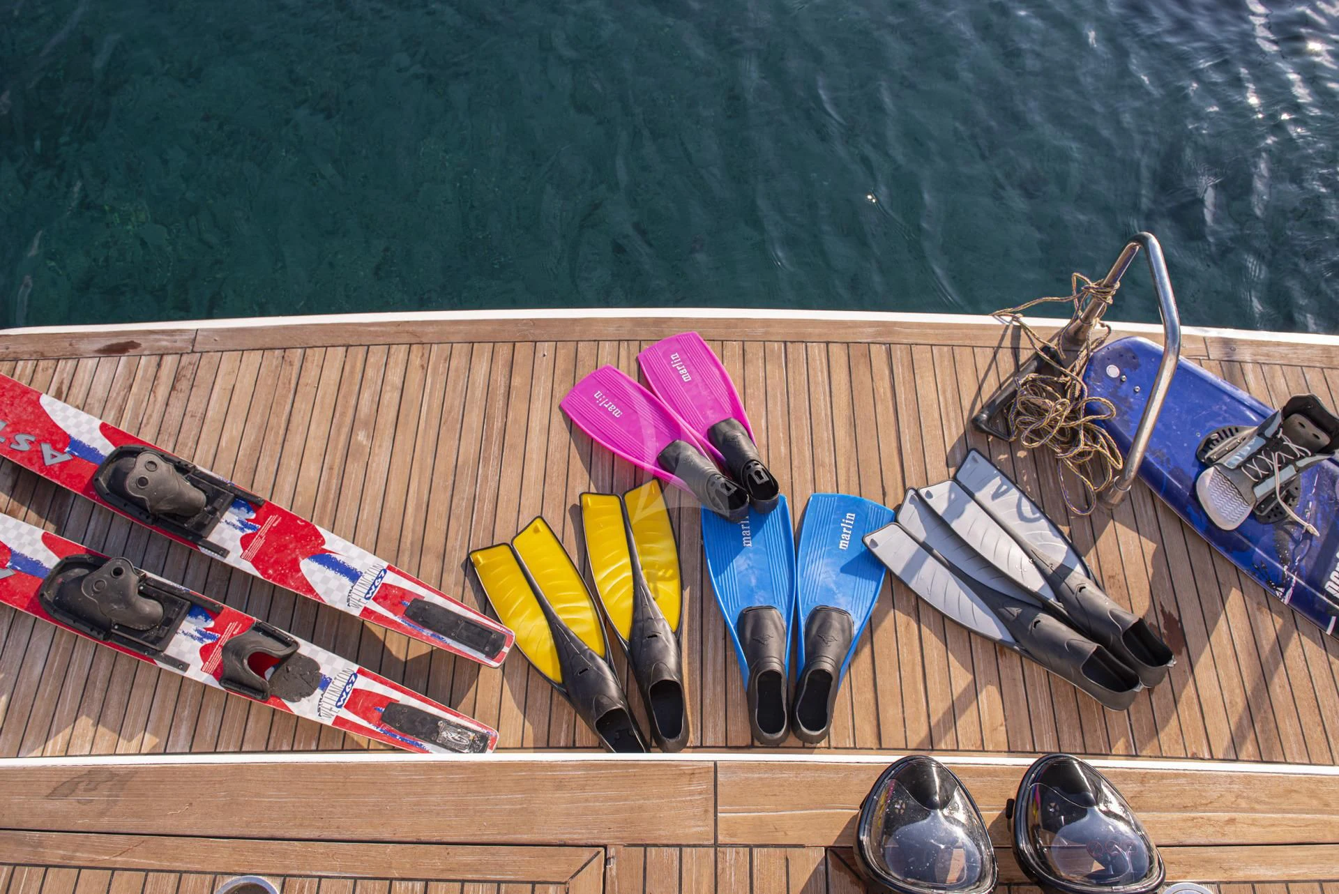 a group of shoes on a deck aboard WISH Yacht for Sale