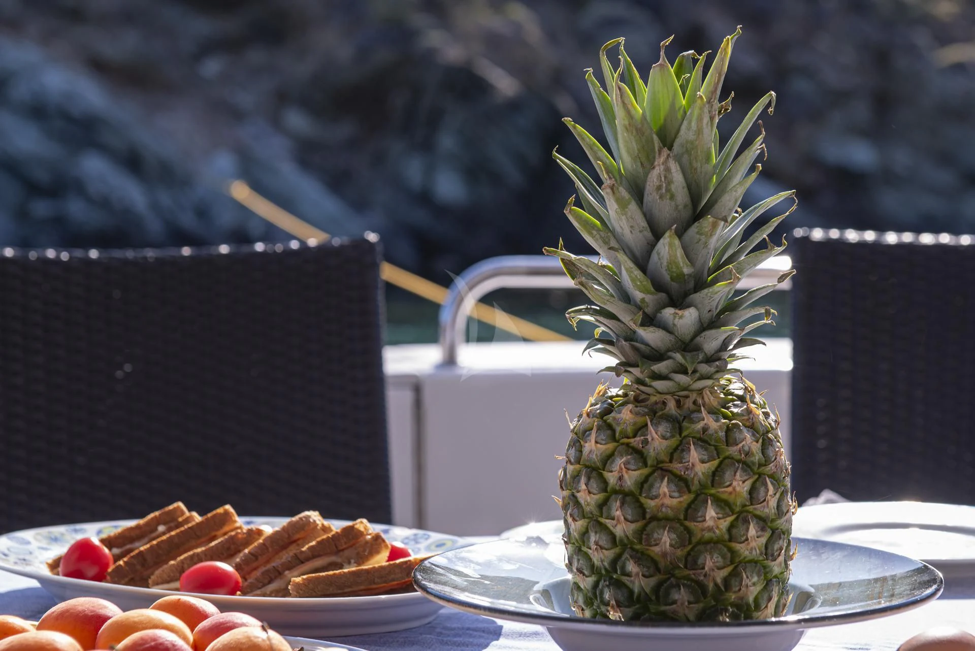 a pineapple on a table aboard WISH Yacht for Sale