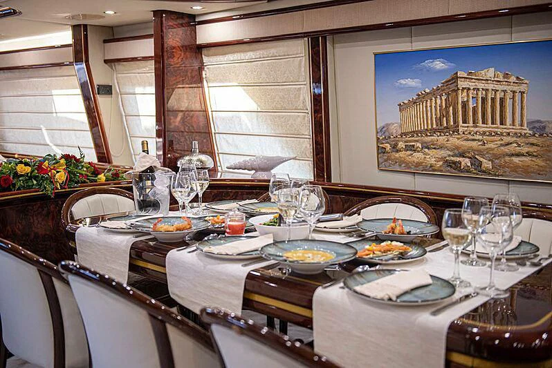 a table set with plates and glasses aboard WISH Yacht for Sale