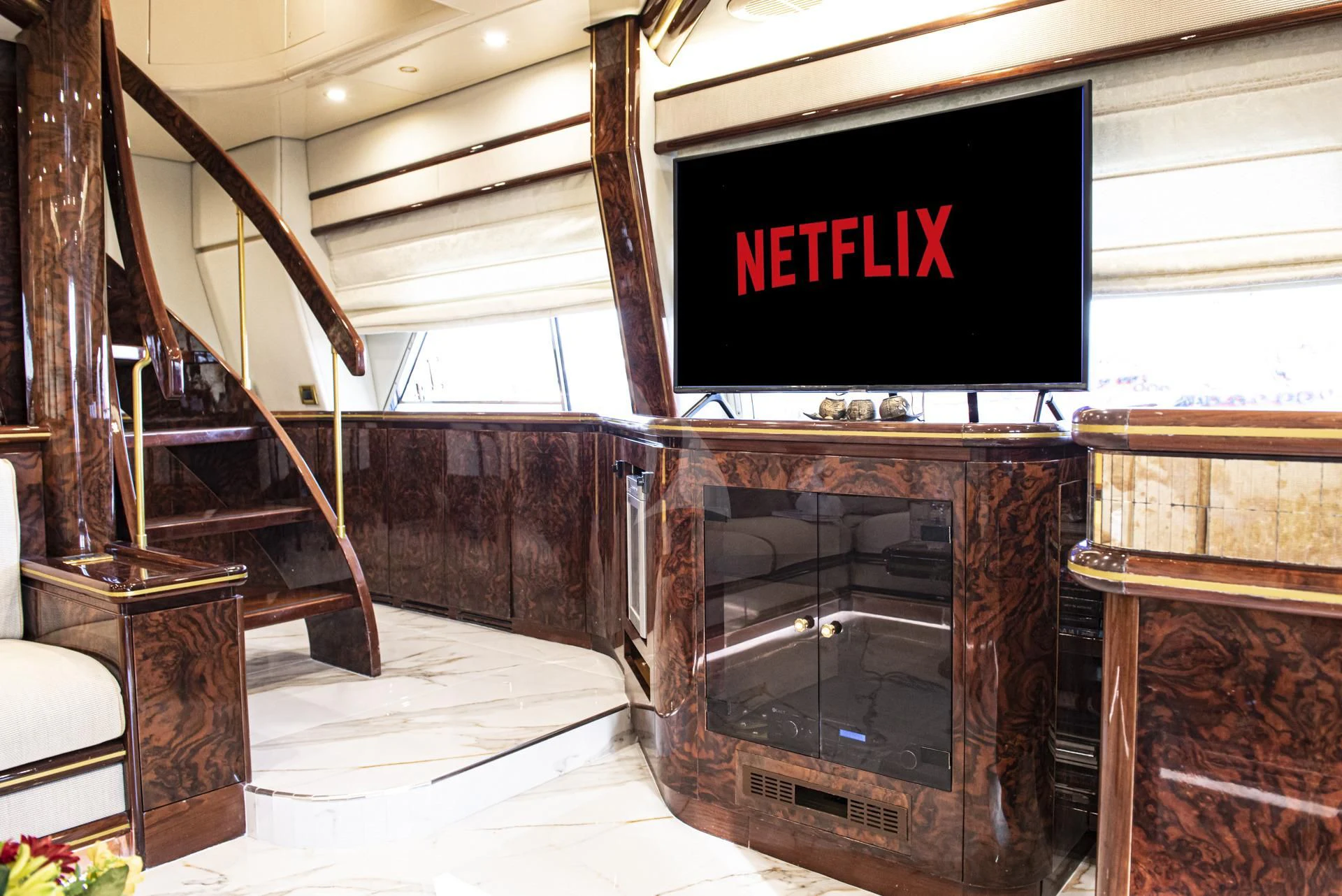 a fireplace in a room aboard WISH Yacht for Sale