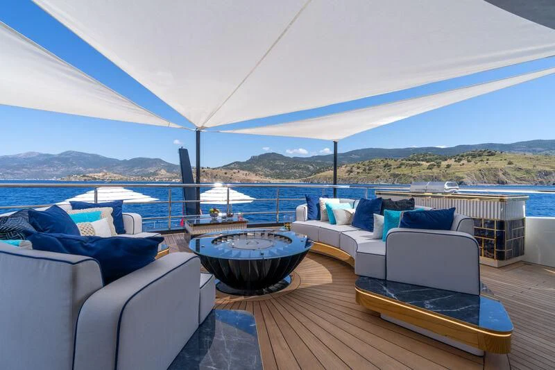 a large tent with a pool aboard LEONA Yacht for Sale