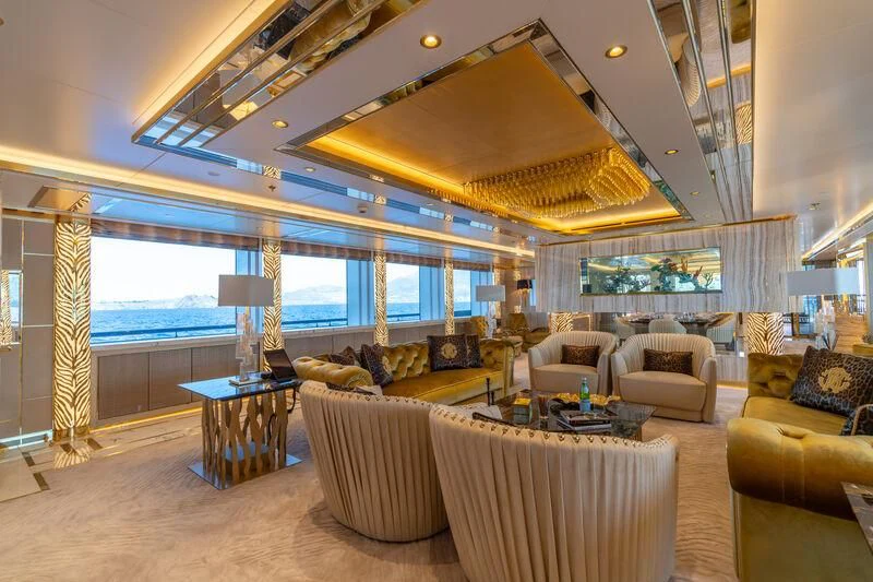 a living room with a large ceiling aboard LEONA Yacht for Sale