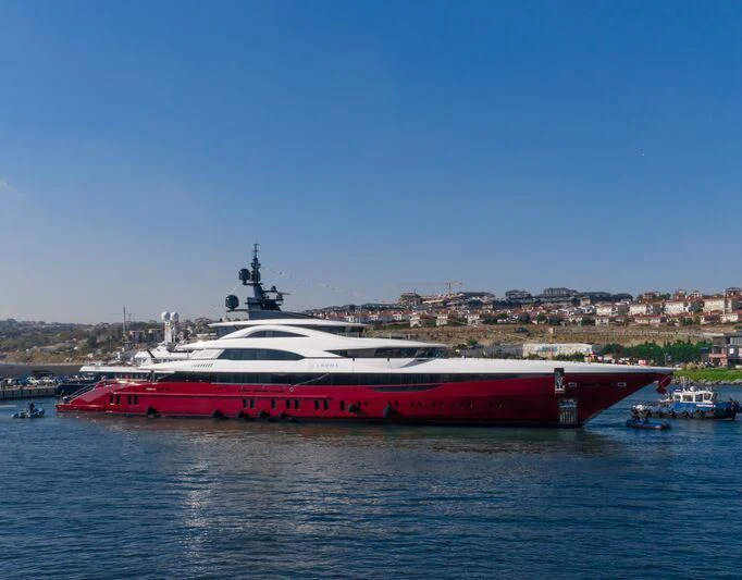 a large boat in the water aboard LEONA Yacht for Sale