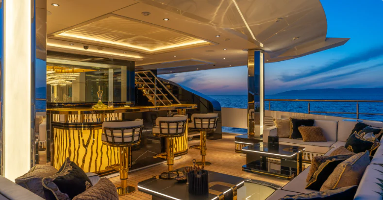 a room with a large window and a view of the ocean aboard LEONA Yacht for Sale