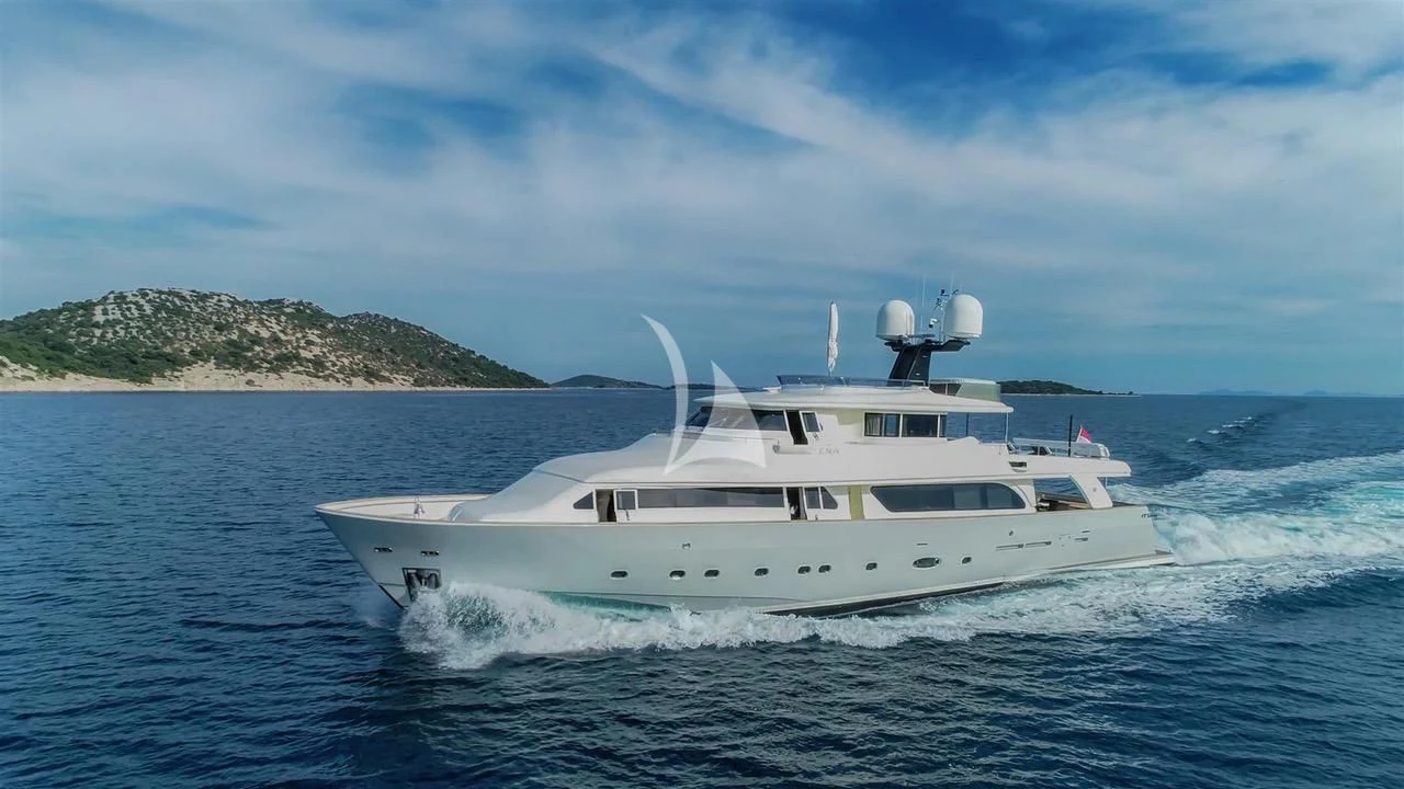 a white boat on the water aboard ENA Yacht for Sale