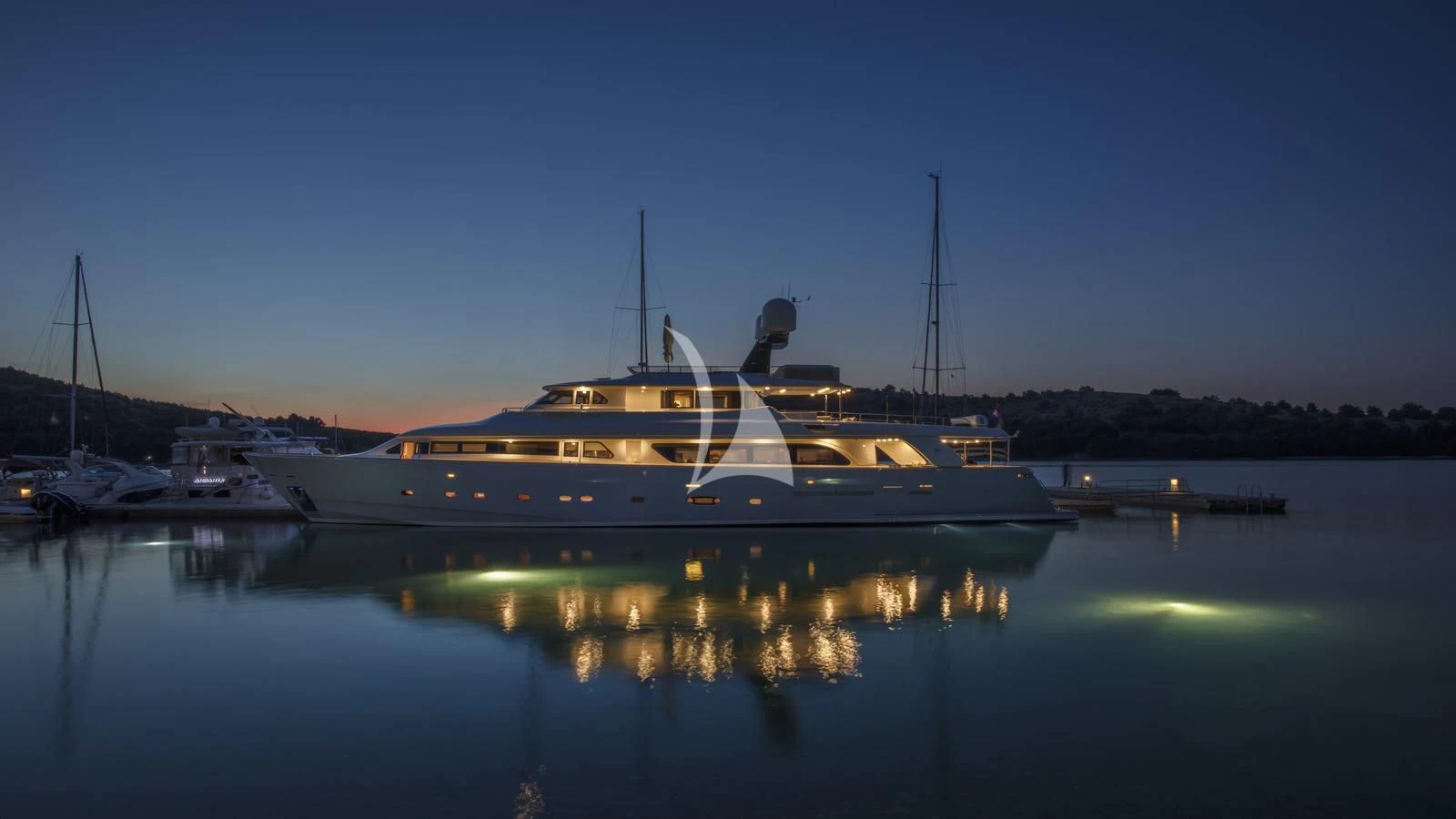 a large boat on the water aboard ENA Yacht for Sale