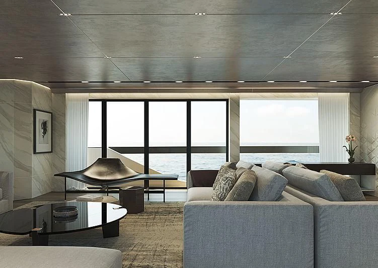 a living room with a piano aboard PAIZA ONE Yacht for Sale
