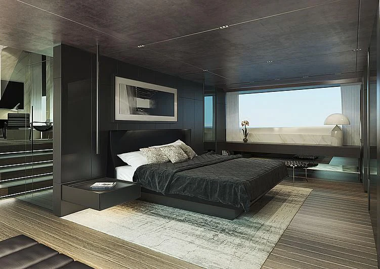 a large bedroom with a large window aboard PAIZA ONE Yacht for Sale
