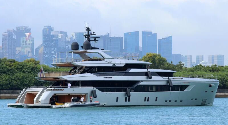 a large white boat with a helicopter on top of it aboard PAIZA ONE Yacht for Sale