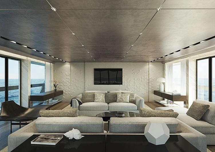 a living room with a large window aboard PAIZA ONE Yacht for Sale