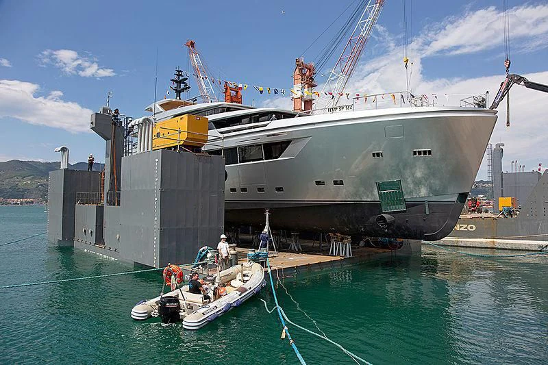 a large white boat docked at a port aboard PAIZA ONE Yacht for Sale