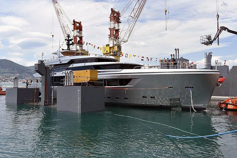 a large white ship docked aboard PAIZA ONE Yacht for Sale