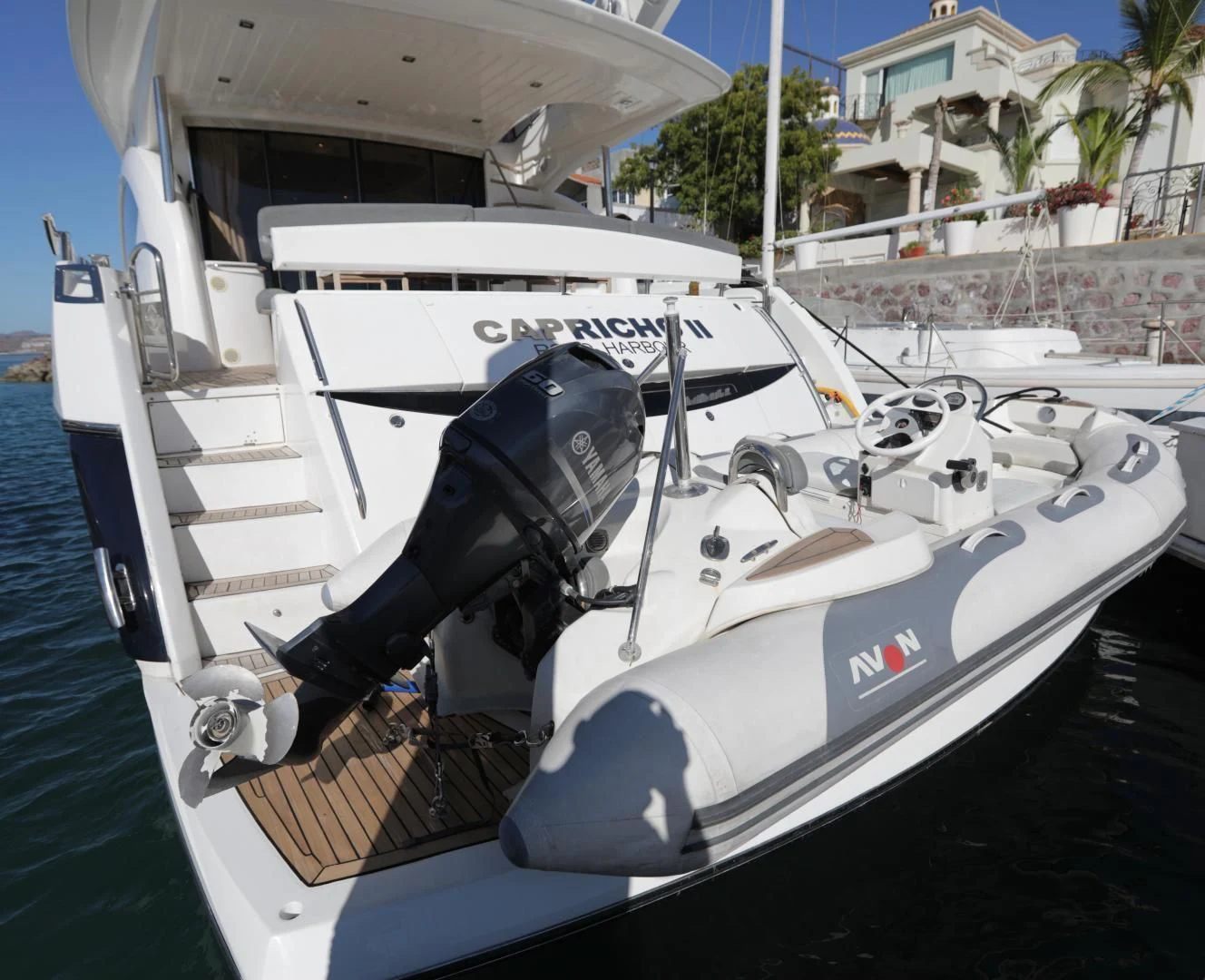 a boat with a shark head aboard CAPRICHO II Yacht for Sale